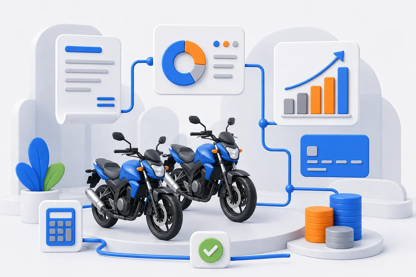 Ilustración del control financiero de una empresa de alquiler de motocicletas.