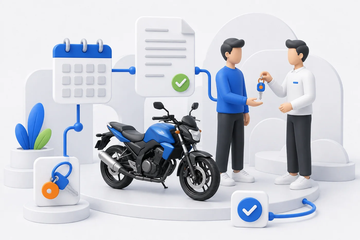 Ilustración de la gestión de reservas, contratos y entrega de motos.