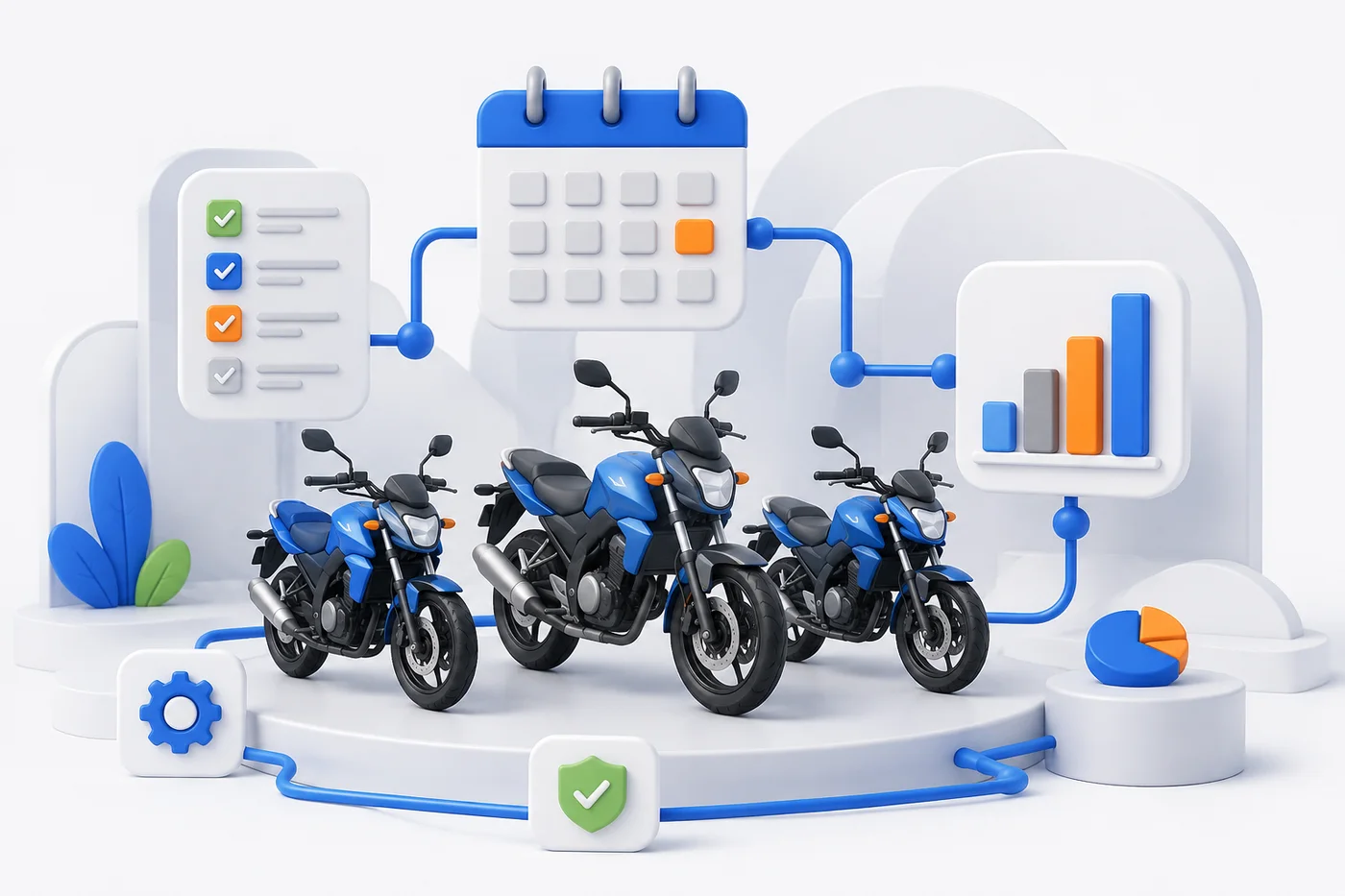 Ilustración de un sistema de gestión para una empresa de alquiler de motos.