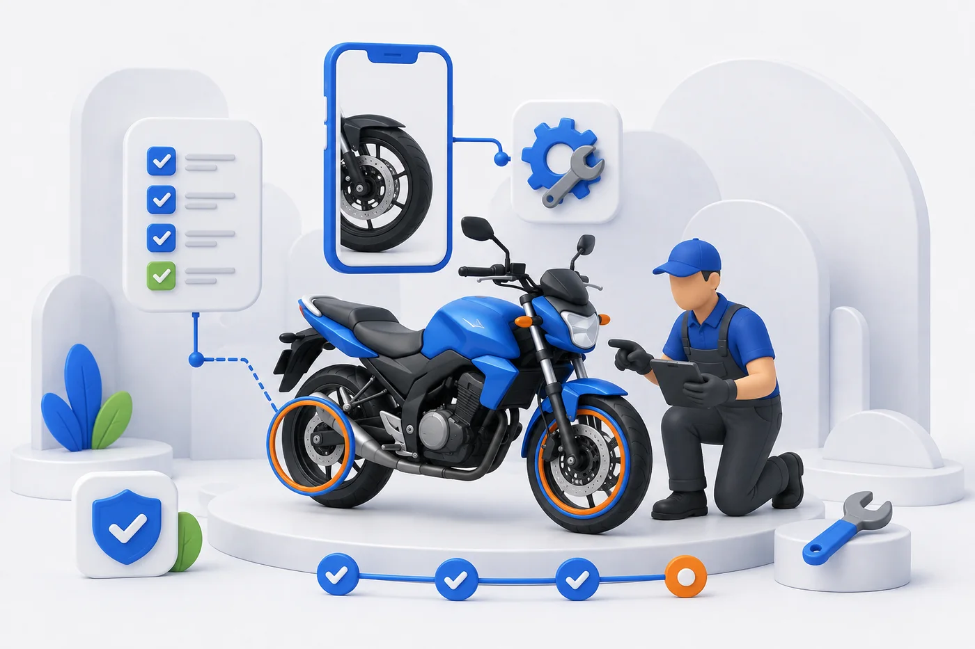 Ilustración de inspección y mantenimiento digital de una motocicleta.