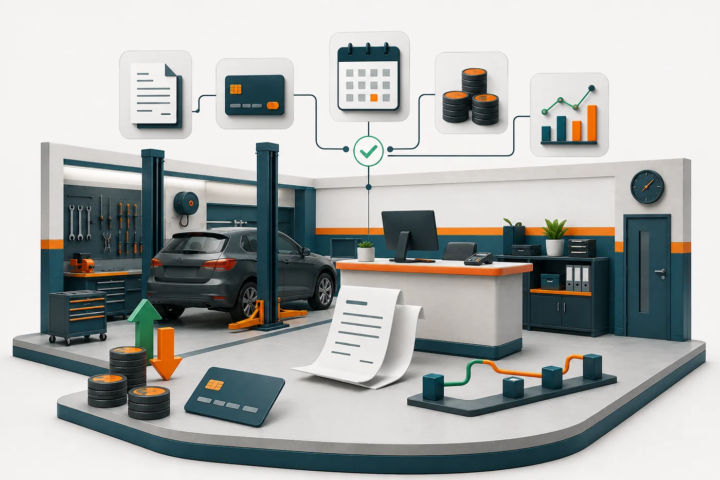 Ilustração da gestão financeira para oficina mecânica com cobranças e fluxo de caixa